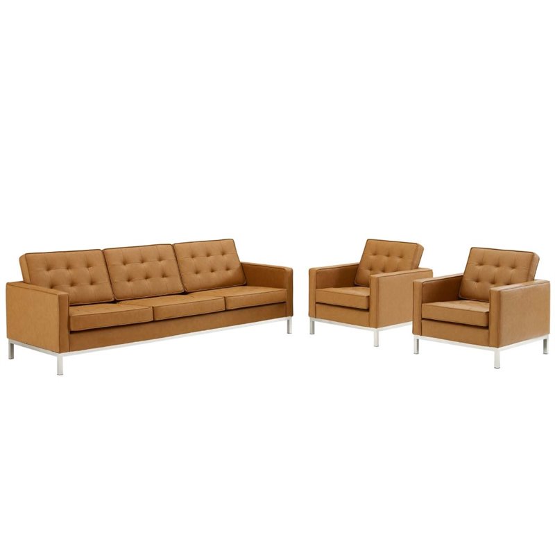 Modway Loft 3-Piece Modern Tufted Faux Leather Sofa Furniture Set in Tan