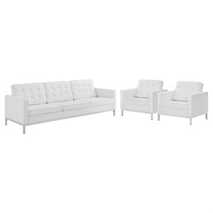 Modway Loft 3-Piece Modern Tufted Faux Leather Sofa Furniture Set in White