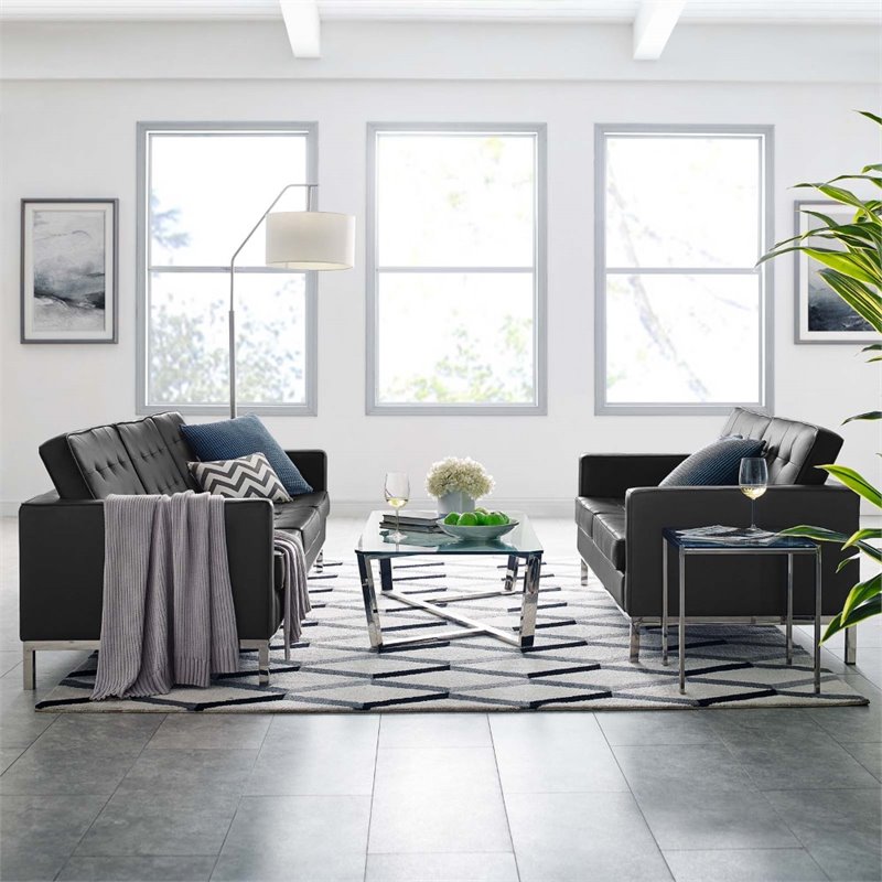 Modway Loft 2-Piece Modern Tufted Faux Leather Sofa and Loveseat Set in Black
