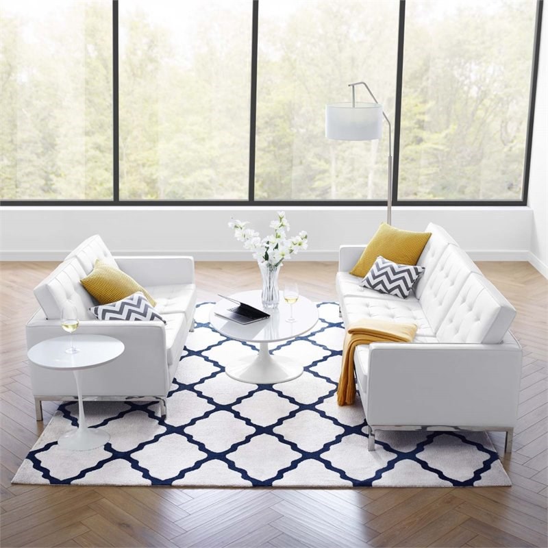 Modway Loft 2-Piece Modern Tufted Faux Leather Sofa and Loveseat Set in White