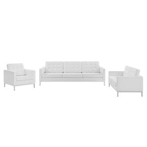 Modway Loft 3-Piece Modern Tufted Upholstered Faux Leather Sofa Set in White
