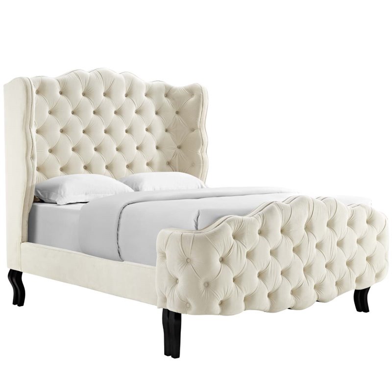 Modway Violette Tufted Wingback Velvet Queen Platform Bed in Ivory