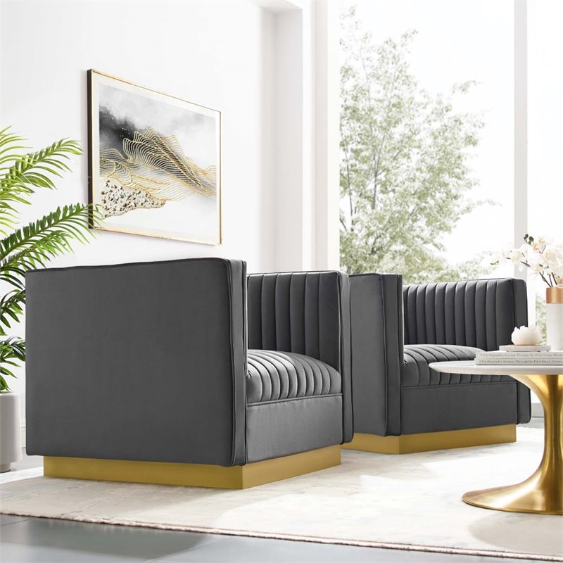 Modway Sanguine Modern Performance Velvet Armchair in Gray/Gold (Set of 2)