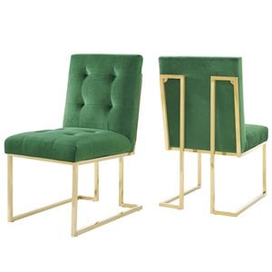 Modway Privy 18.5&quot Performance Velvet Dining Chair in Gold/Emerald (Set of 2)