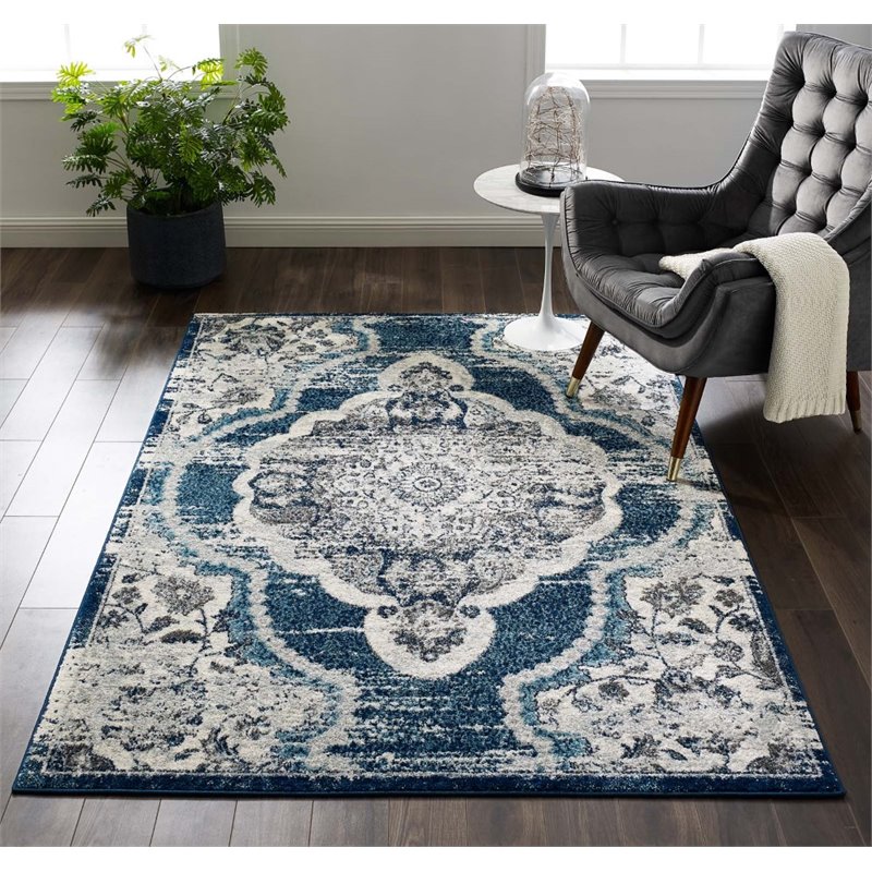 Modway Entourage Malia Vintage Floral Medallion Area Rug in Ivory and Blue