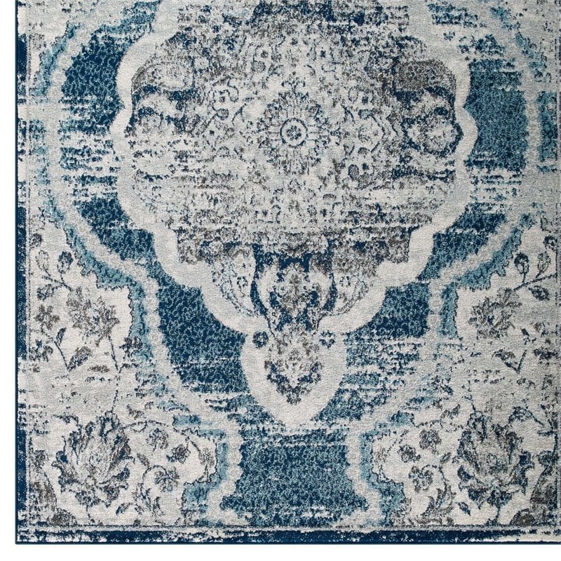 Modway Entourage Malia Vintage Floral Medallion Area Rug in Ivory and Blue