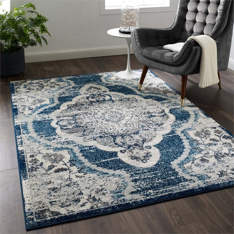 Modway Entourage Malia Vintage Floral Medallion Area Rug in Ivory and Blue