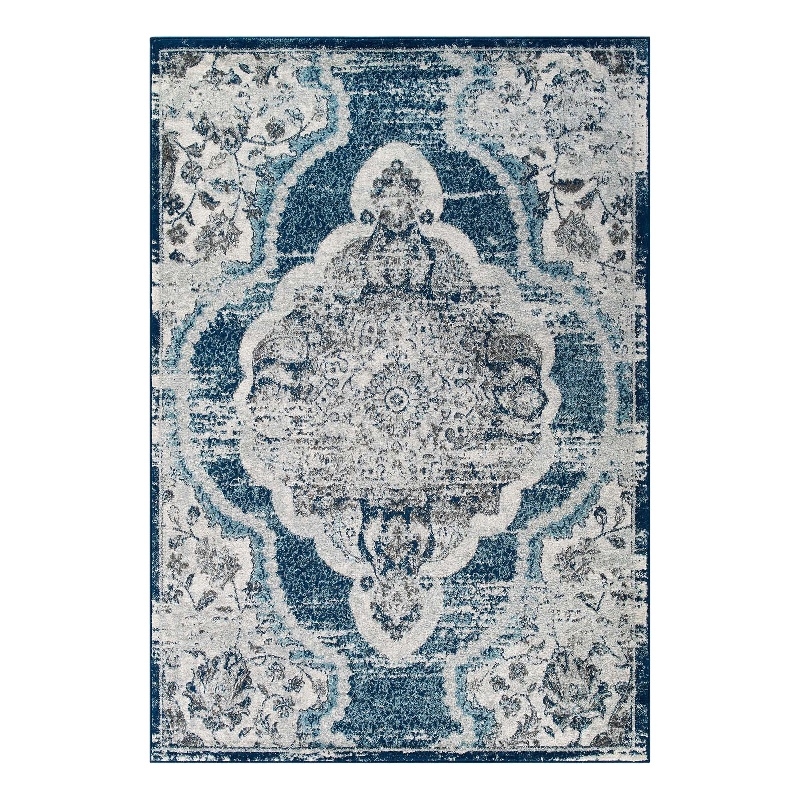 Modway Entourage Malia Vintage Floral Medallion Area Rug in Ivory and Blue