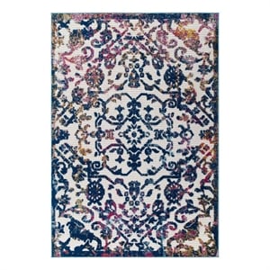 Modway Reflect 63x90.5&quot Primrose Ornate Floral Lattice Rug in Ivory/Dark Blue