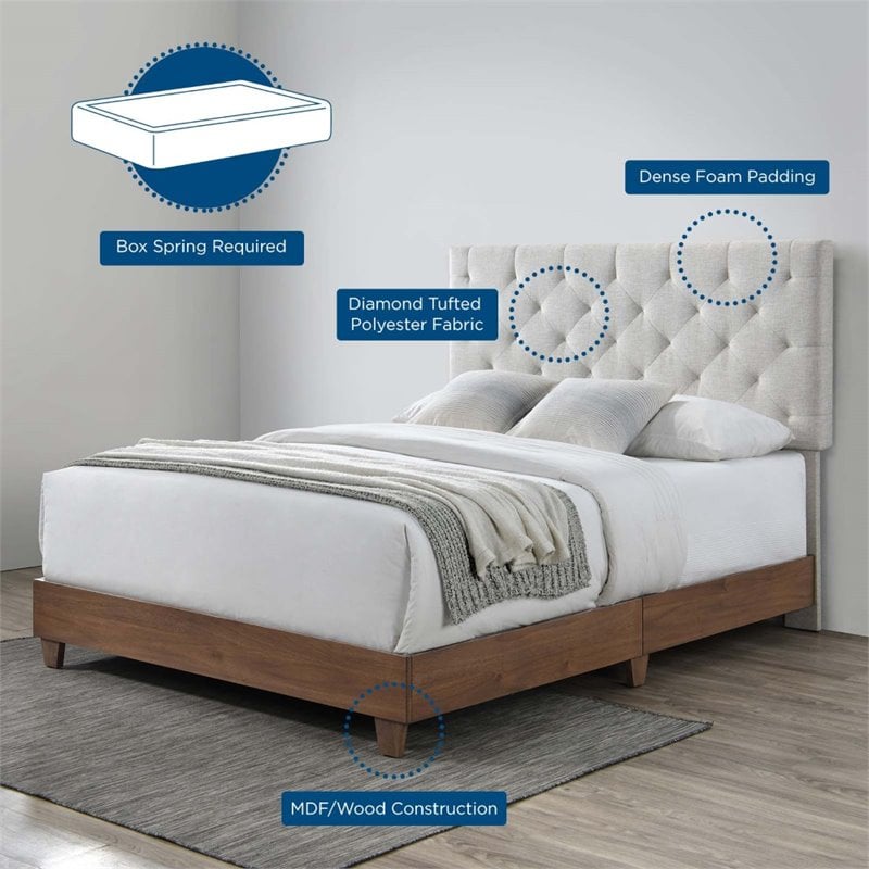 Modway Rhiannon Diamond Tufted Upholstered Fabric Wood Queen Bed in Walnut/Beige