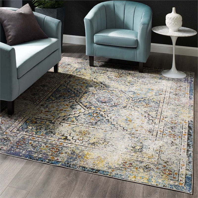 modway success 63x90.5&quot jacinda floral medallion rug in multi-color