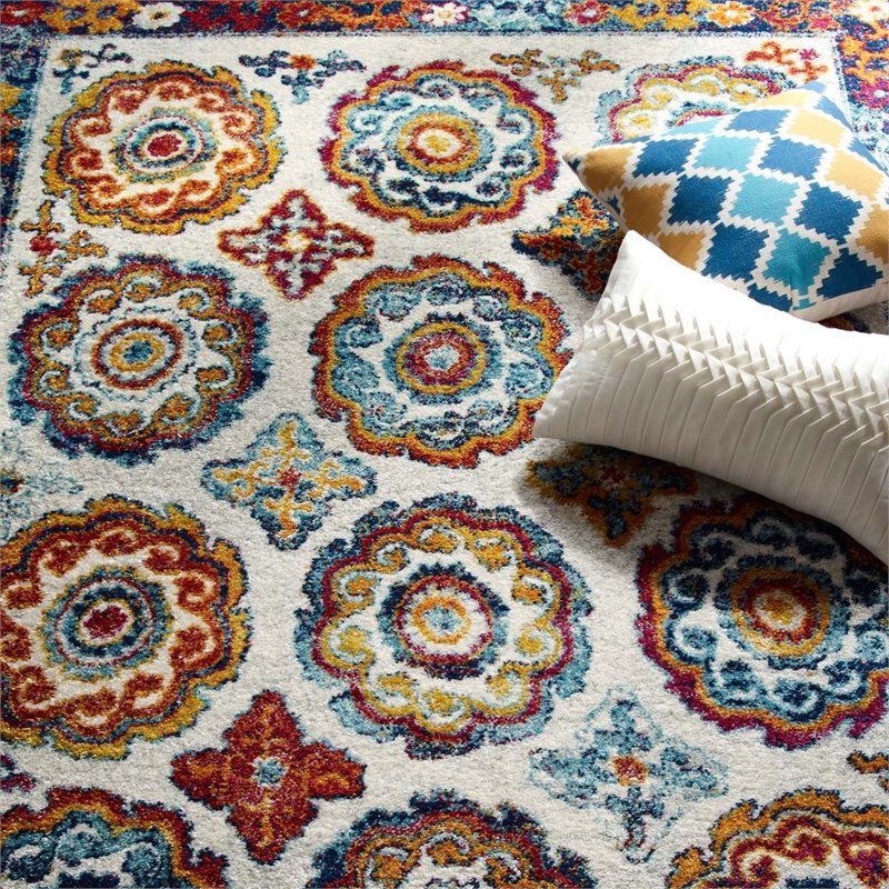 Modway Entourage Odile Floral Moroccan Trellis Area Rug in Ivory/Blue/Red/Orange