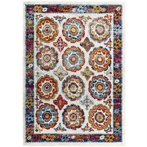 Modway Entourage 94.5x122&quot Odile Floral Moroccan Trellis Area Rug in Ivory/Red