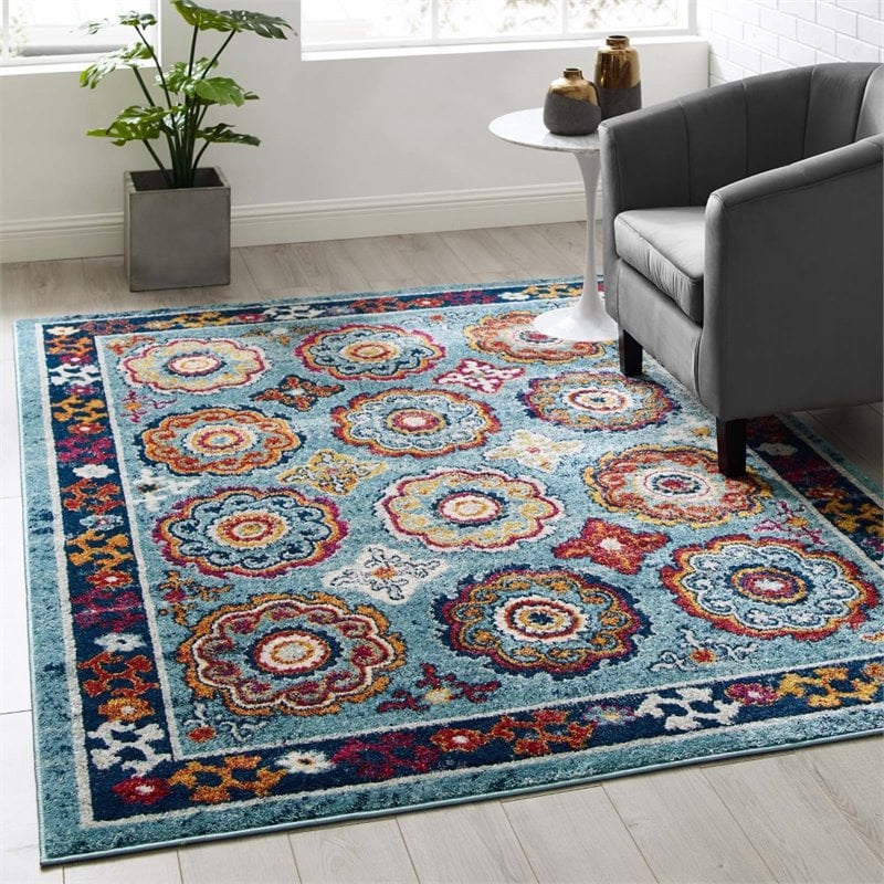 Modway Entourage Odile Floral Moroccan Trellis Area Rug - Blue/Red/Orange/Yellow