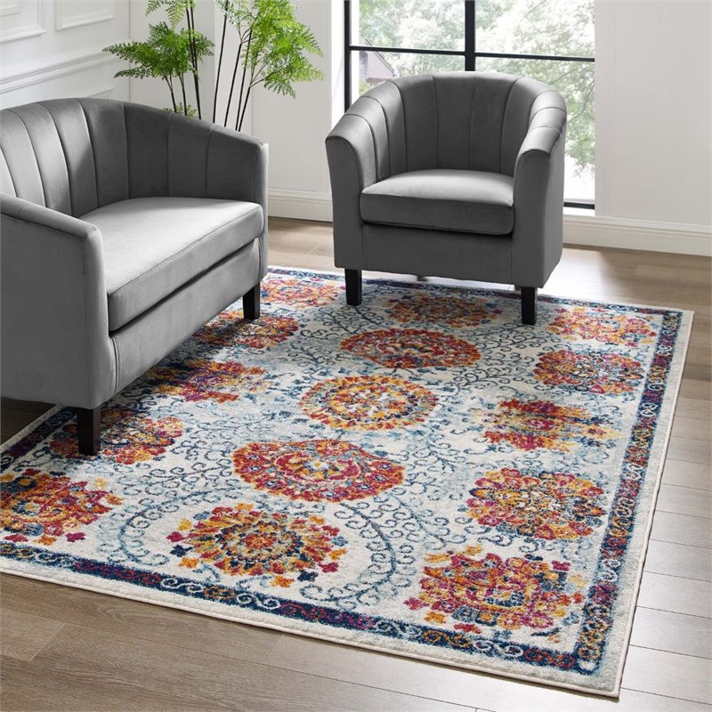 Modway Entourage Kensie Floral Moroccan Trellis Area Rug - Ivory/Blue/Red/Orange
