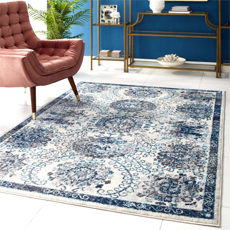 Modway Entourage Kensie Floral Moroccan Trellis Area Rug in Ivory and Blue