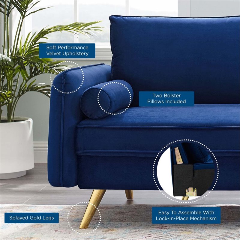 Modway Revive Modern Performance Velvet & Metal Sofa in Navy/Gold