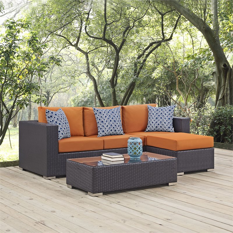 Modway Convene 3-Piece Rattan Aluminum Patio Sofa Set in Espresso/Orange
