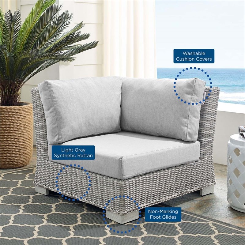 Modway Conway Modern Rattan & Fabric Outdoor Corner Chair in Light Gray