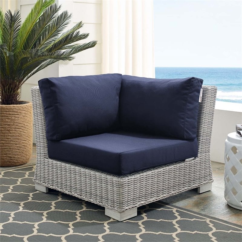 Modway Conway Modern Rattan & Fabric Outdoor Corner Chair in Light Gray/Navy