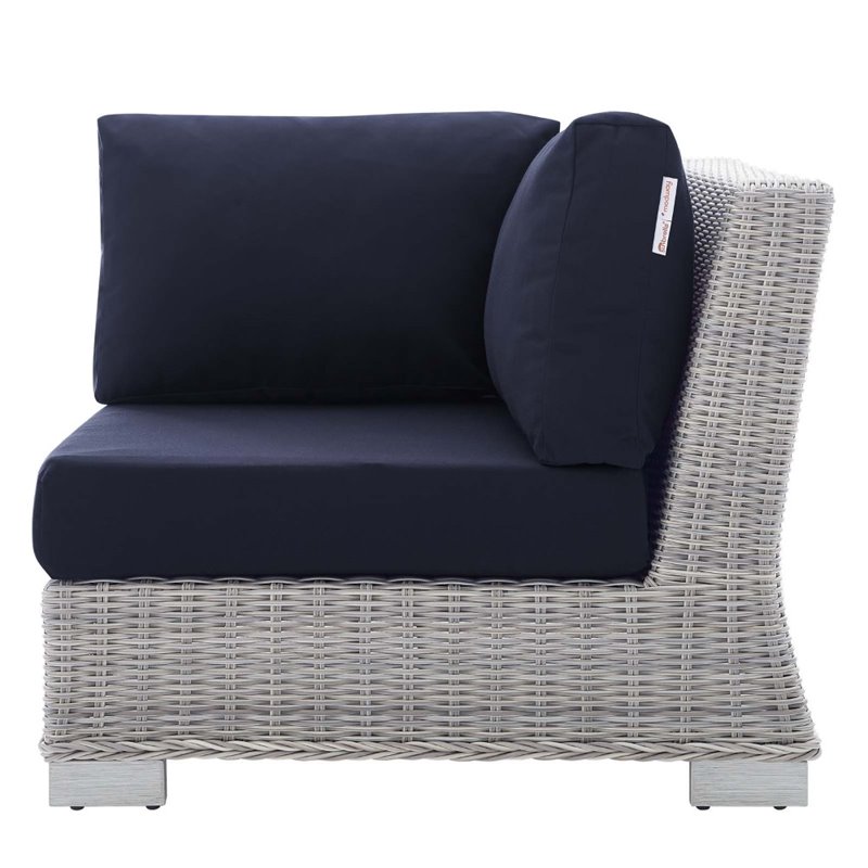 Modway Conway Modern Rattan & Fabric Outdoor Corner Chair in Light Gray/Navy