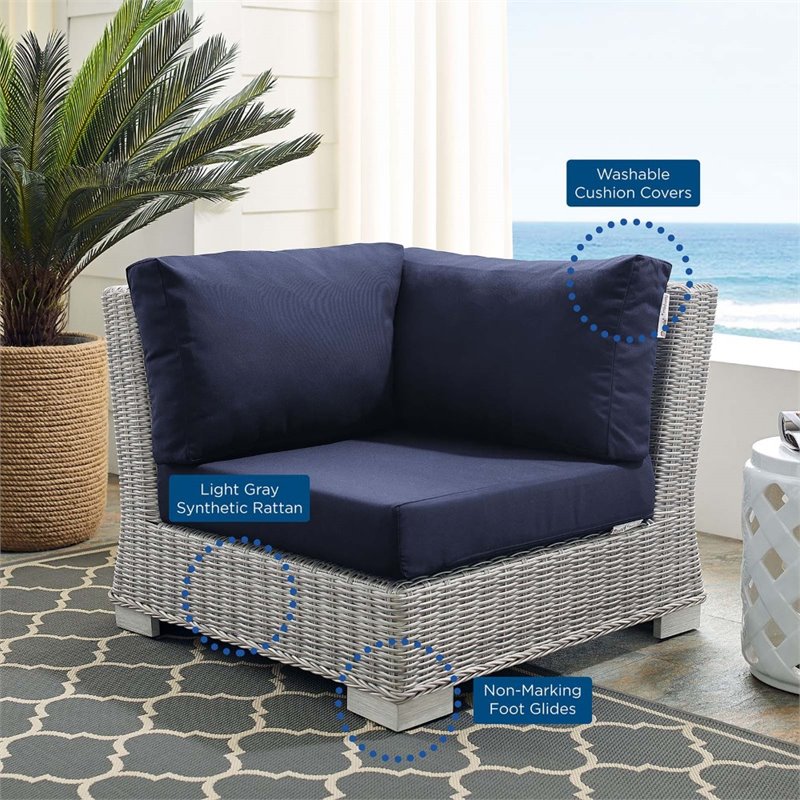 Modway Conway Modern Rattan & Fabric Outdoor Corner Chair in Light Gray/Navy