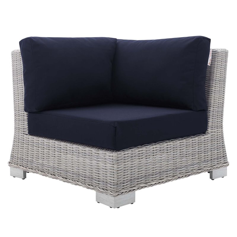 Modway Conway Modern Rattan & Fabric Outdoor Corner Chair in Light Gray/Navy