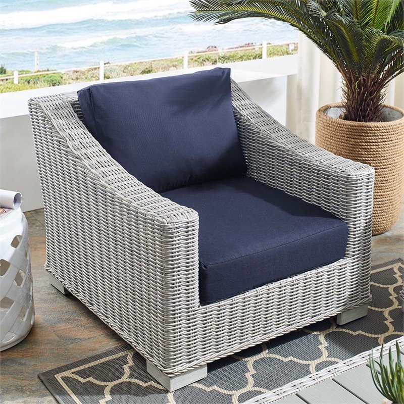 Modway Conway Modern Rattan & Fabric Outdoor Armchair in Light Gray/Navy