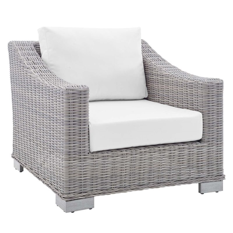 Modway Conway Modern Rattan & Fabric Outdoor Armchair in Light Gray/White