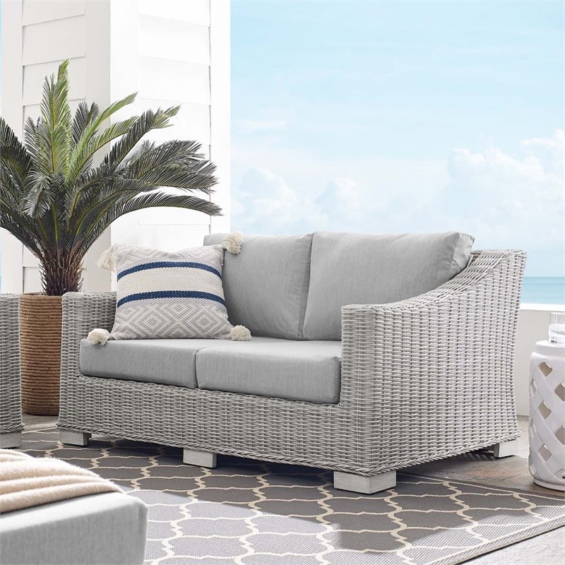Modway Conway Modern Rattan & Fabric Outdoor Loveseat in Light Gray
