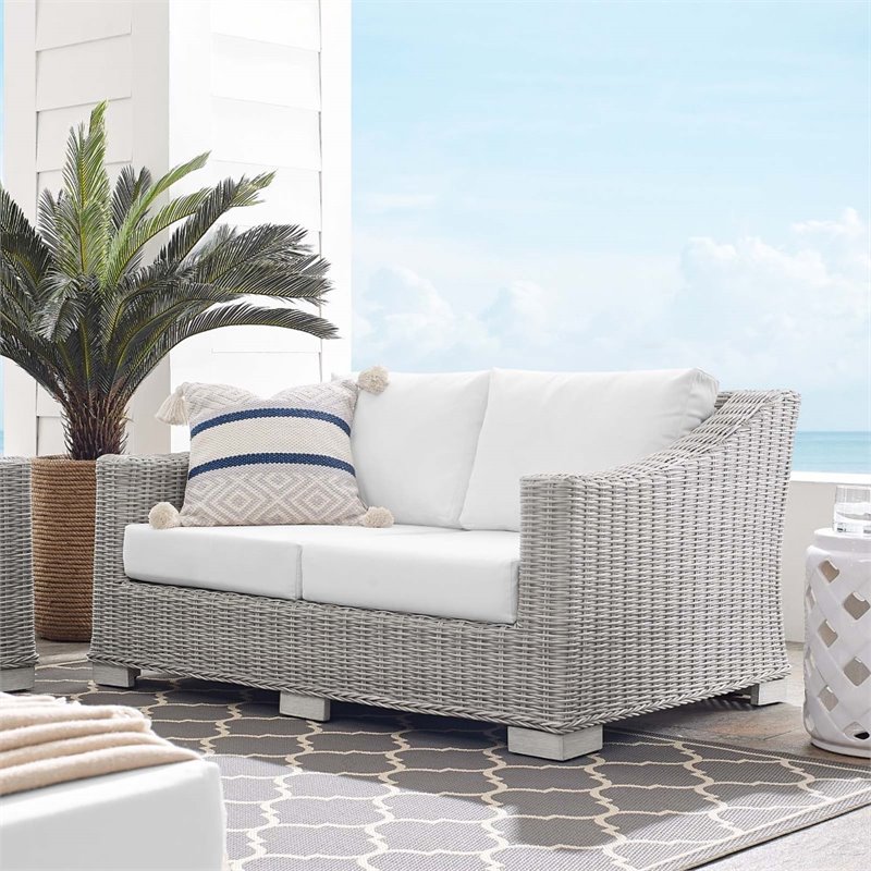 Modway Conway Modern Rattan & Fabric Outdoor Loveseat in White