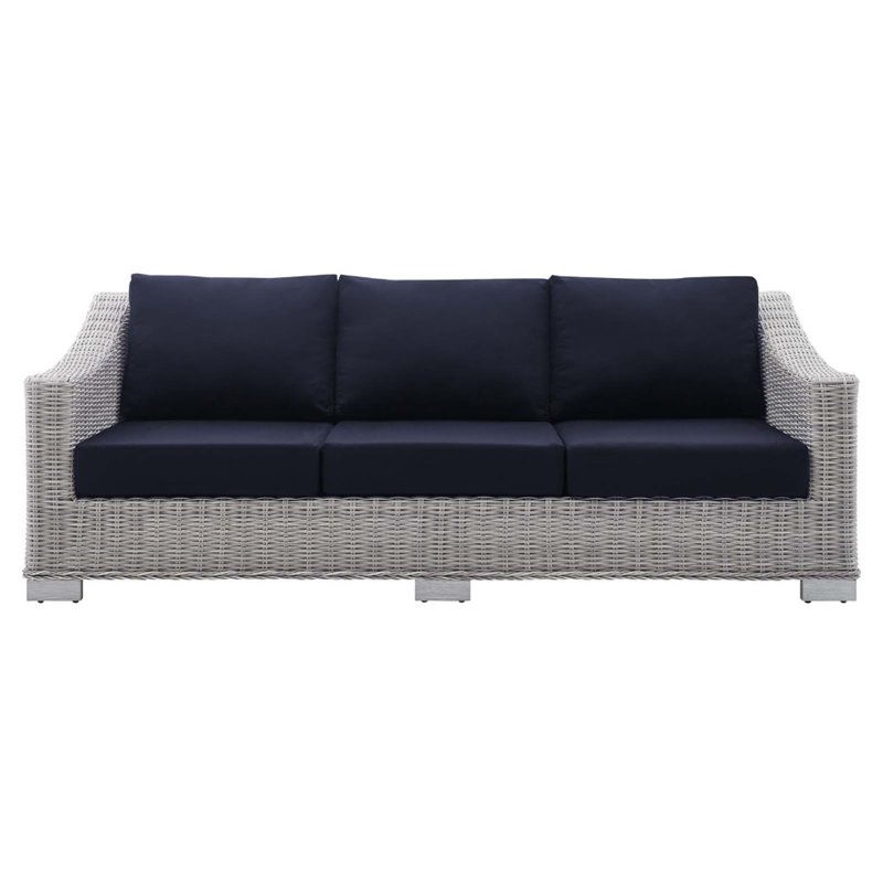 Modway Conway Modern Rattan & Fabric Outdoor Sofa in Navy/Light Gray