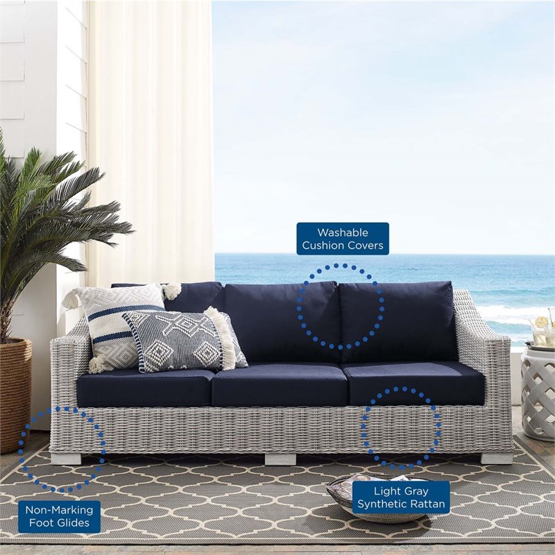 Modway Conway Modern Rattan & Fabric Outdoor Sofa in Navy/Light Gray