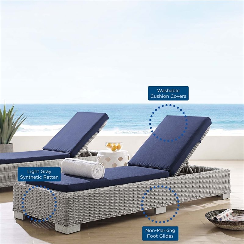 Modway Conway Modern Rattan & Fabric Patio Chaise Lounge in Light Gray/Navy