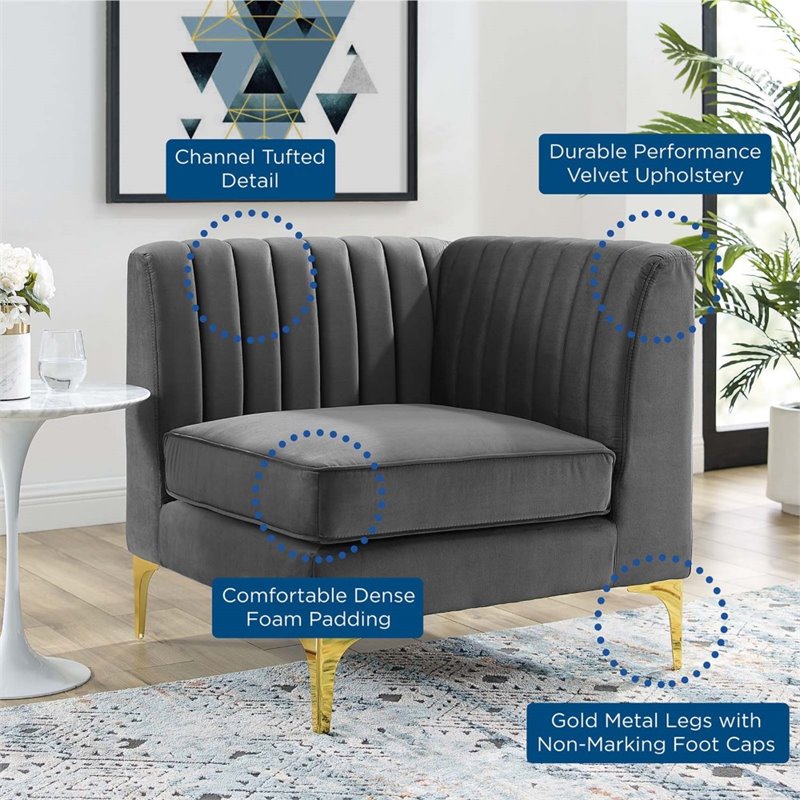 Modway Triumph Modern Channel Tufted Performance Velvet Corner Chair in Gray