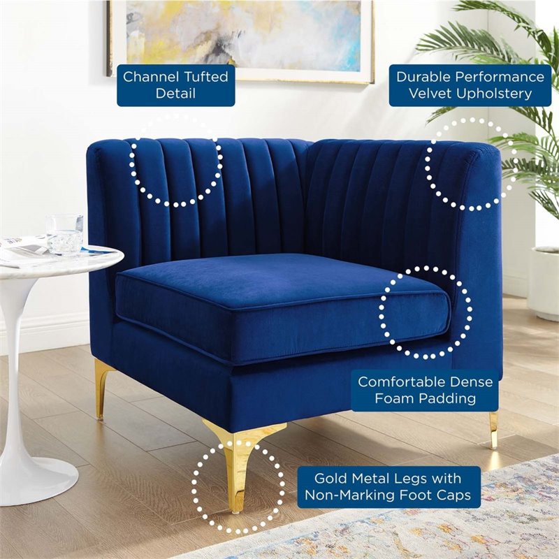 Modway Triumph Modern Channel Tufted Performance Velvet Corner Chair in Navy