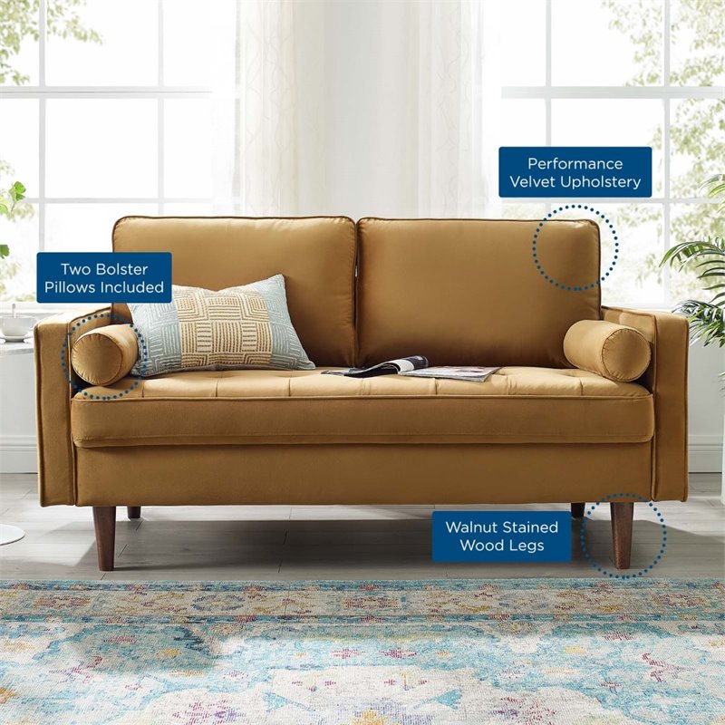 Modway Valour Modern Performance Velvet Loveseat in Cognac Brown/Walnut