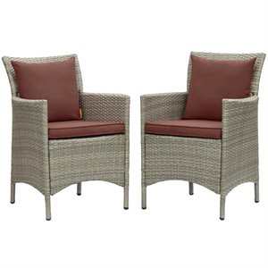Modway Conduit 34.5&quot Rattan Patio Dining Armchair in Gray & Currant (Set of 2)