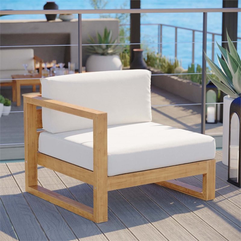 Modway Upland Modern Solid Teak Wood Outdoor Left-Arm Chair in Natural/White