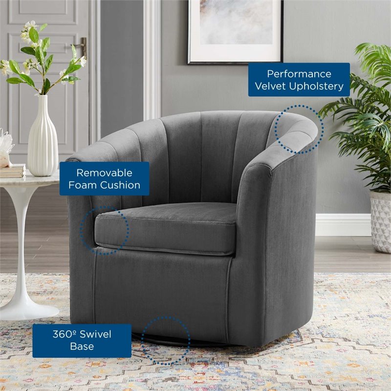 Modway Prospect Modern Performance Velvet Swivel Armchair in Charcoal