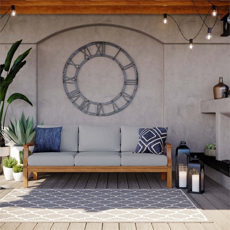 Modway Marina Teak Wood & Fabric Patio Sofa in Natural and Gray
