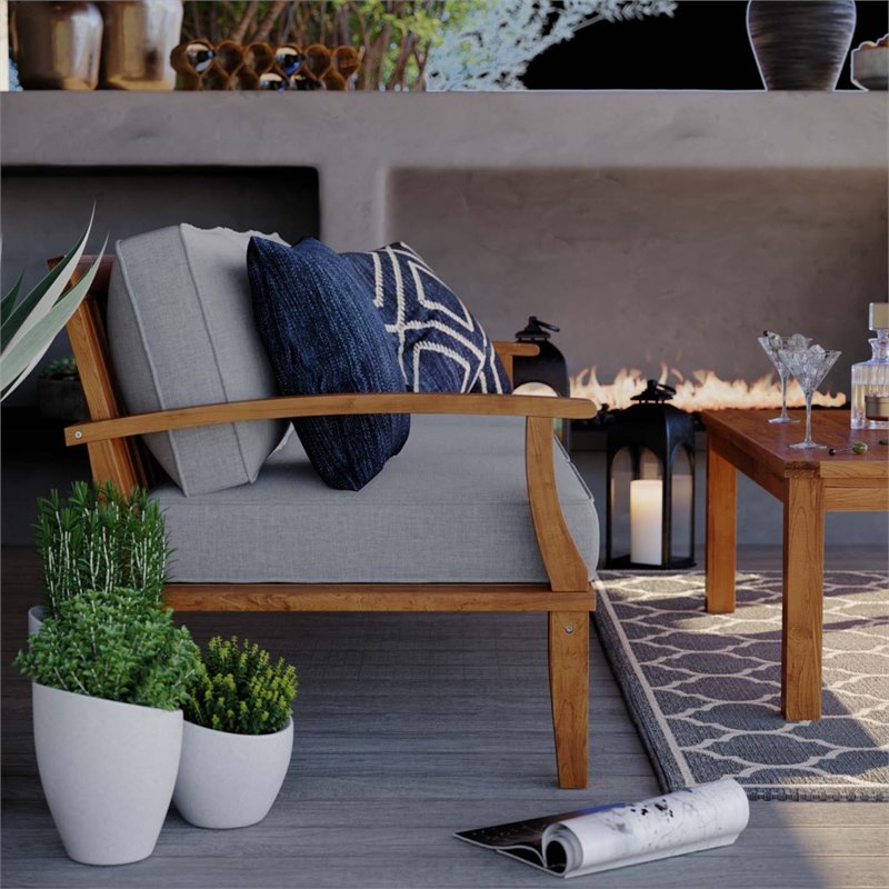 Modway Marina Teak Wood & Fabric Patio Sofa in Natural and Gray