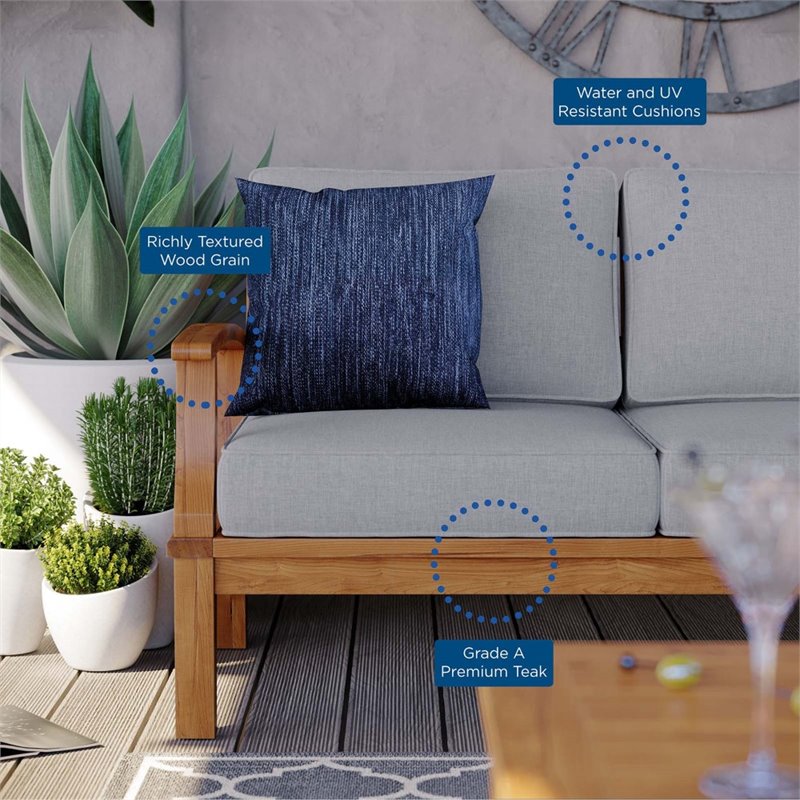 Modway Marina Teak Wood & Fabric Patio Sofa in Natural and Gray
