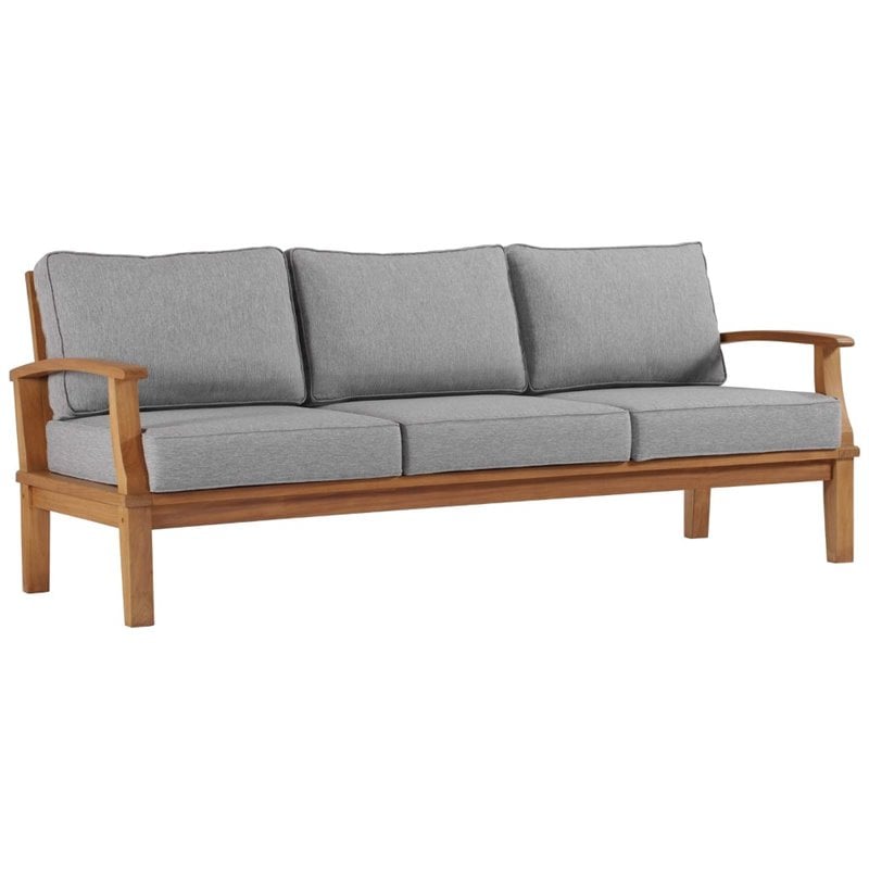 Modway Marina Teak Wood & Fabric Patio Sofa in Natural and Gray