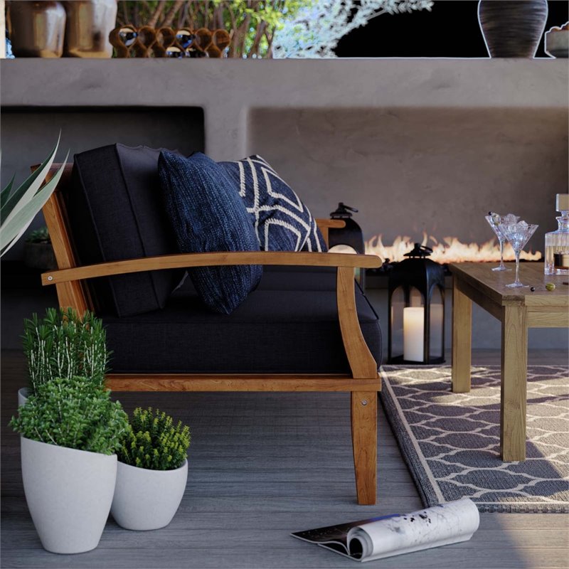 Modway Marina Teak Wood & Fabric Patio Sofa in Natural and Navy