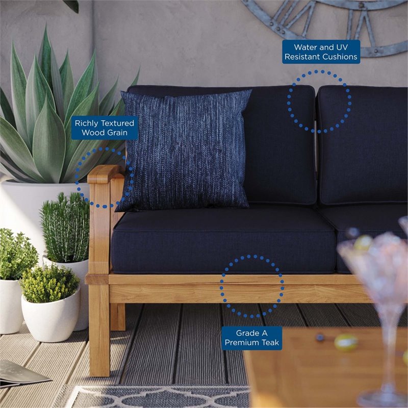 Modway Marina Teak Wood & Fabric Patio Sofa in Natural and Navy