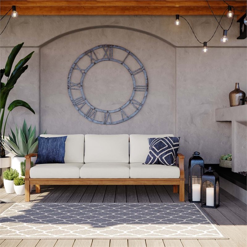 Modway Marina Teak Wood & Fabric Patio Sofa in Natural and White