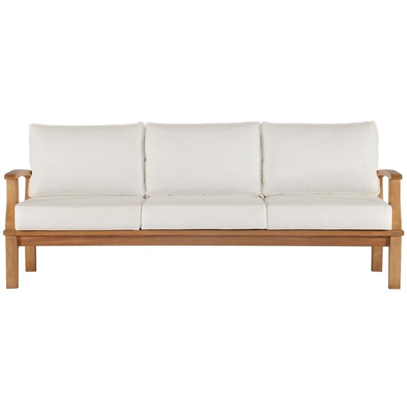 Modway Marina Teak Wood & Fabric Patio Sofa in Natural and White