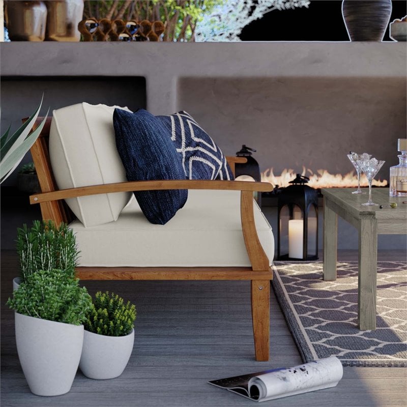 Modway Marina Teak Wood & Fabric Patio Sofa in Natural and White