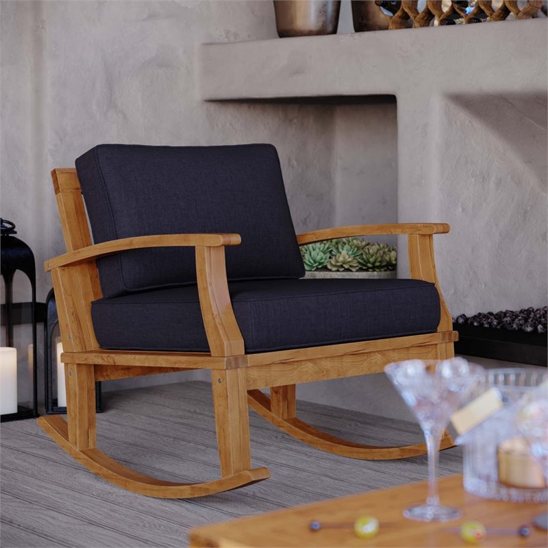 Modway Marina Solid Teak Wood Patio Rocking Chair in Natural and Navy